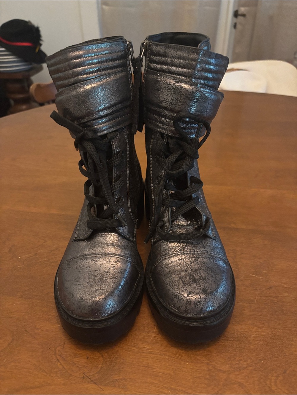 DKNY Basia Metallic Gunmetal Quilted Buckled Lug Sole Combat Boots Size 5